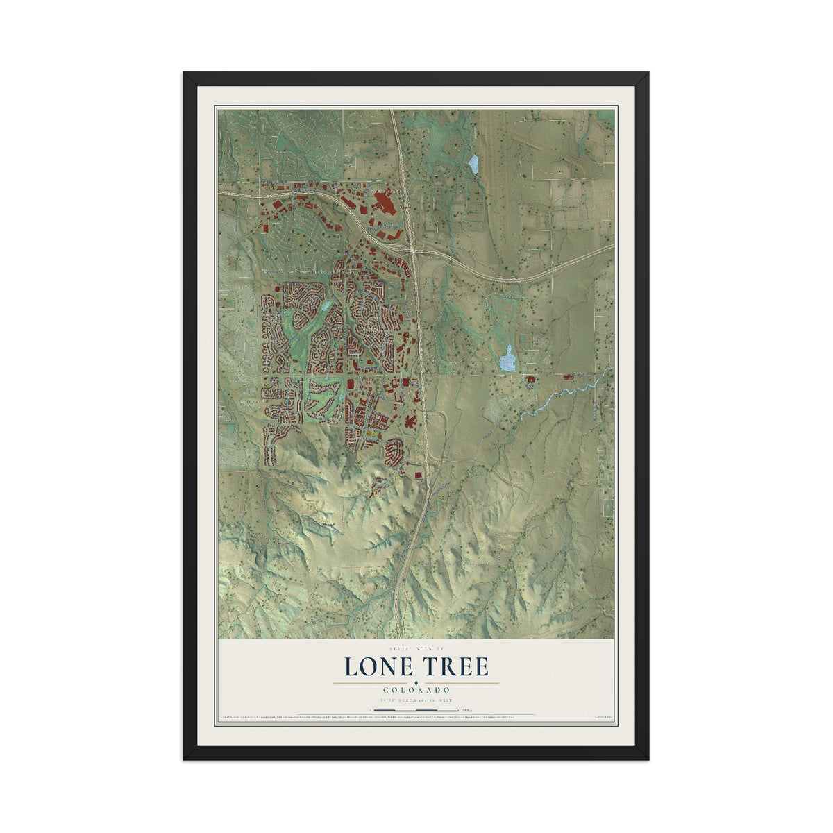 Map of Lone Tree, Colorado, 12 x 18 inch print in a black wood frame