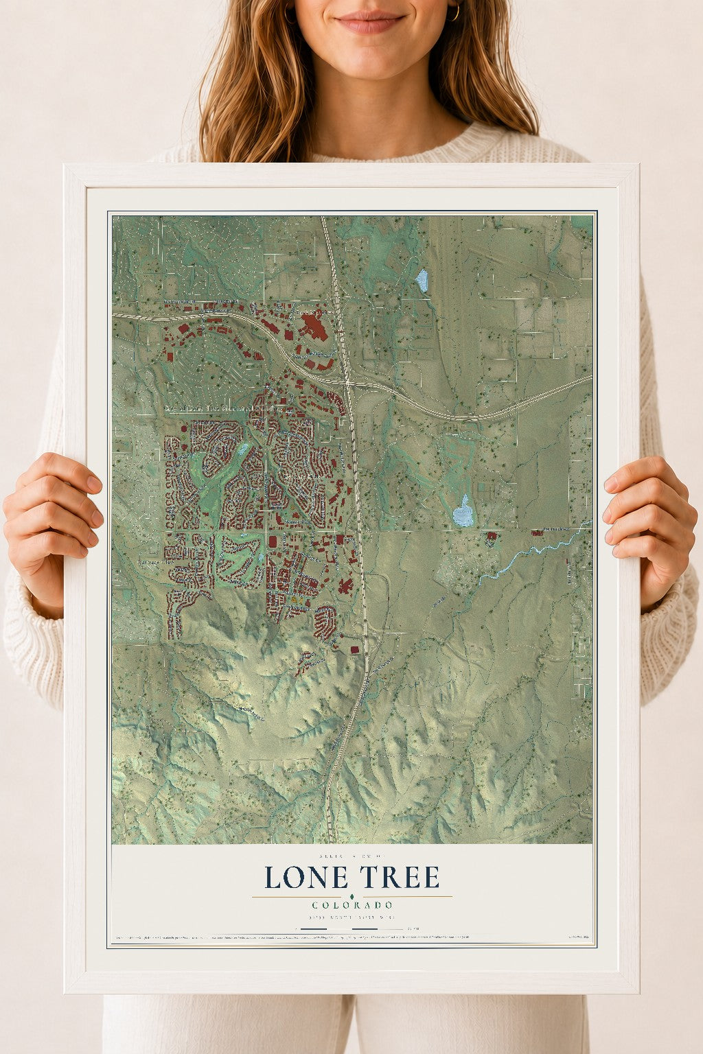 Map of Lone Tree, Colorado, 18 x 24 inch print in a white wood frame