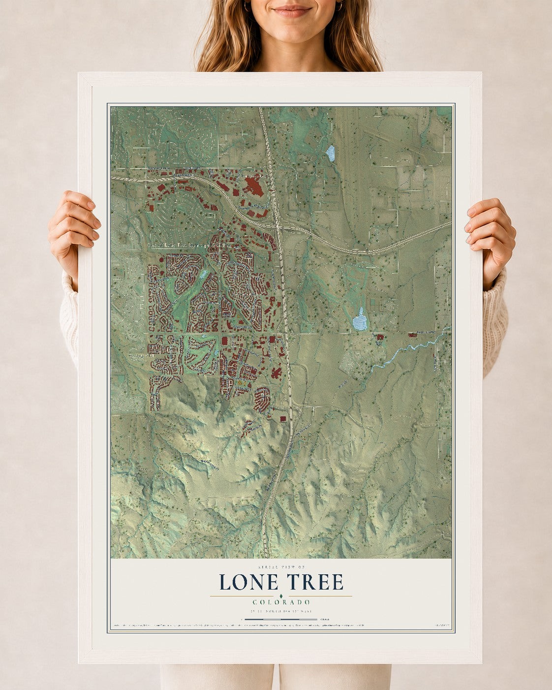 Map of Lone Tree, Colorado, 24 x 36 inch print in a white wood frame