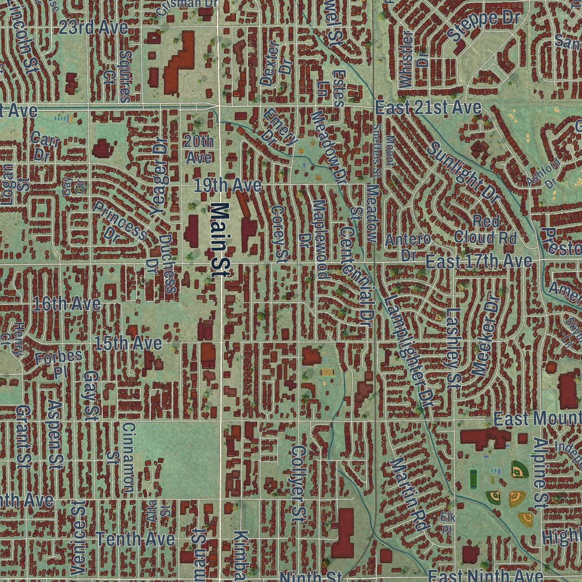 Close-up of the map of Longmont, Colorado print showing street and building detail