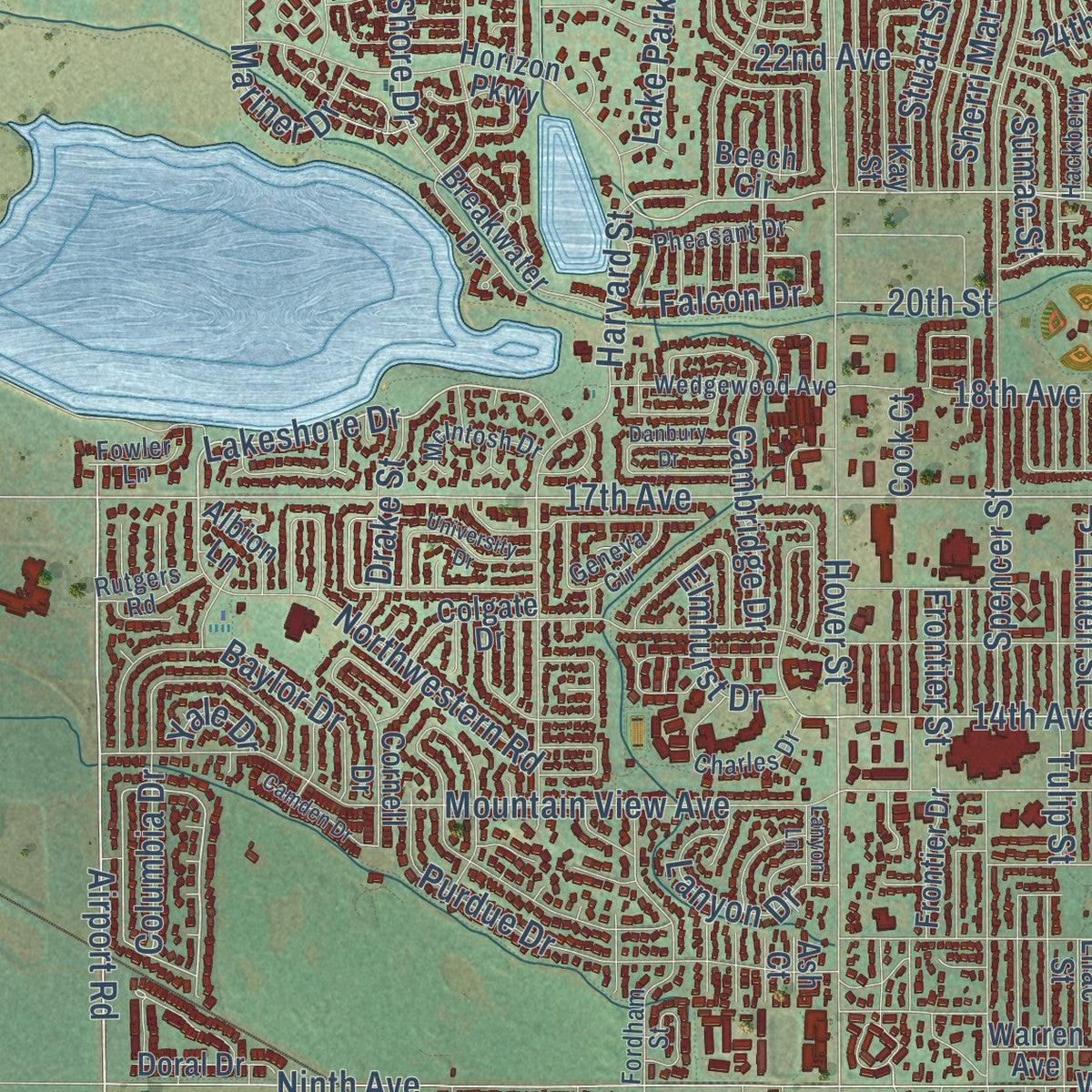 Second close-up of the map of Longmont, Colorado print showing more streets and buildings