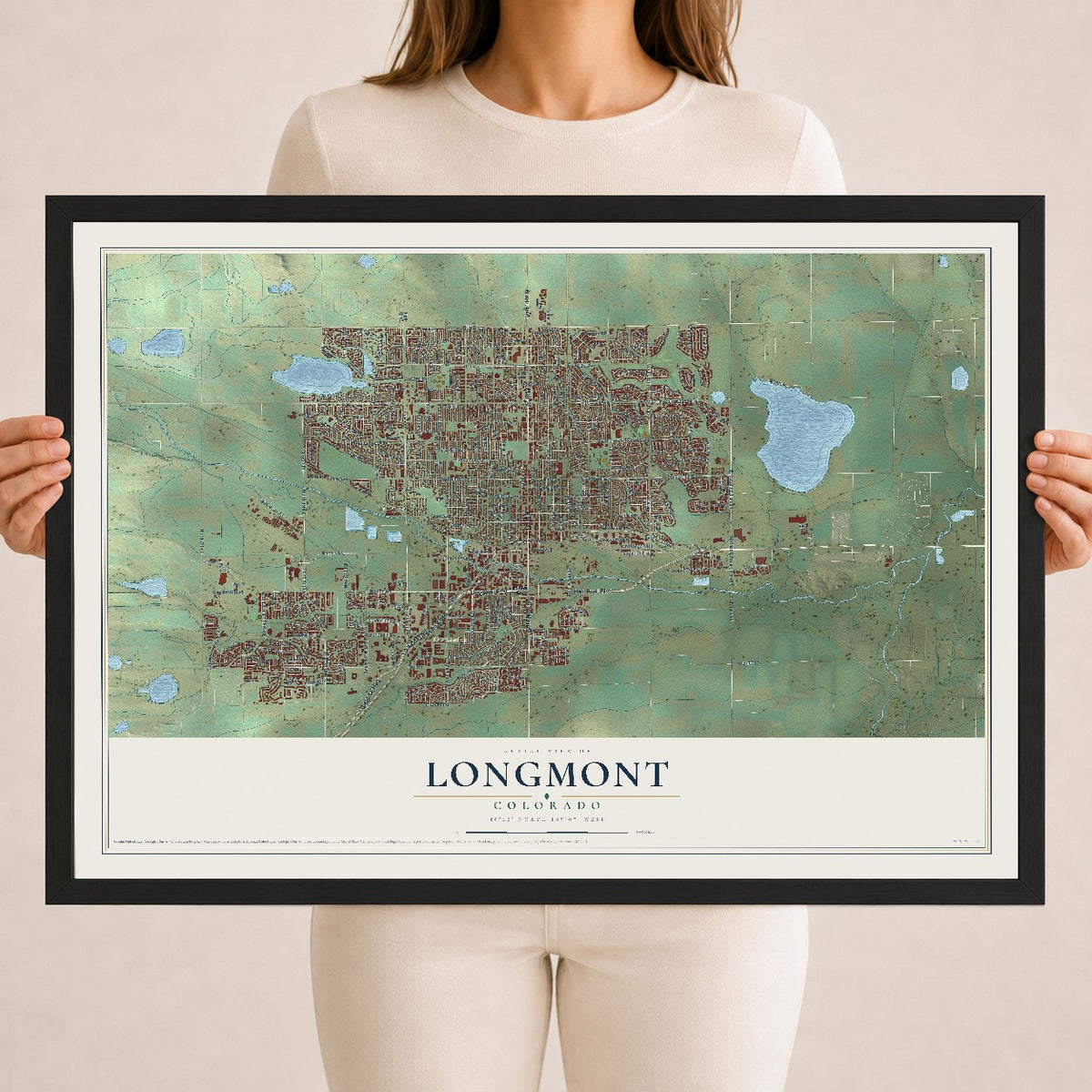 Map of Longmont, Colorado, 18 x 24 inch print in a black wood frame