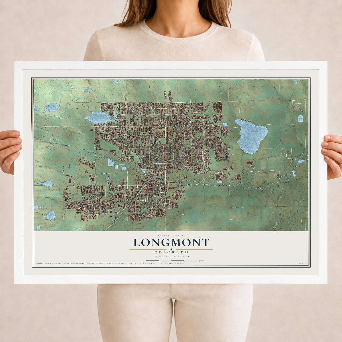 Map of Longmont, Colorado, 18 x 24 inch print in a white wood frame