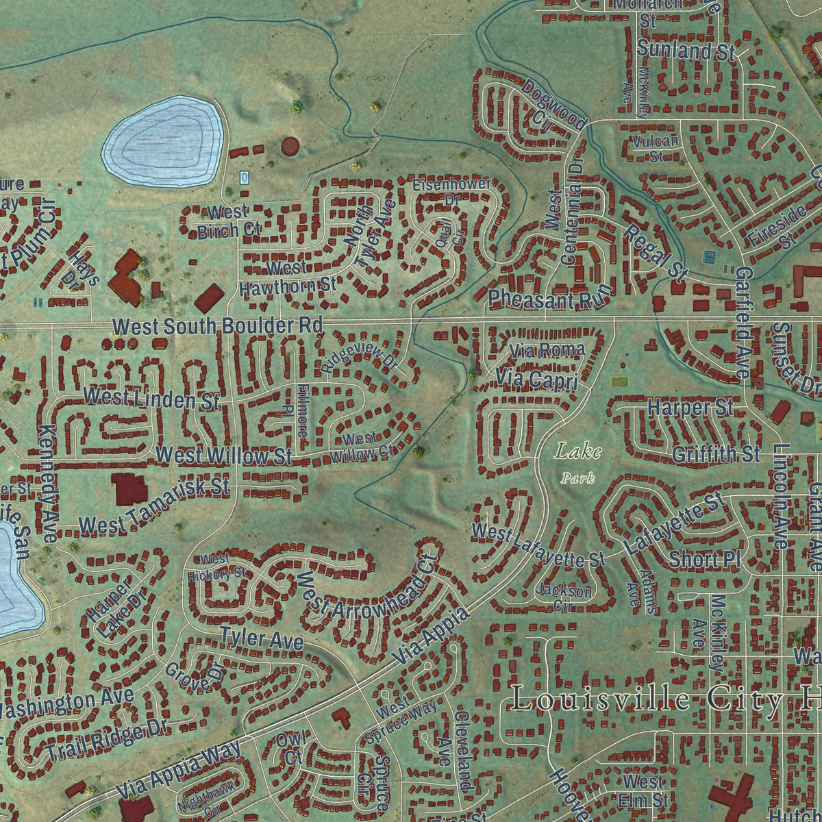 Close-up of the map of Louisville, Colorado print showing street and building detail