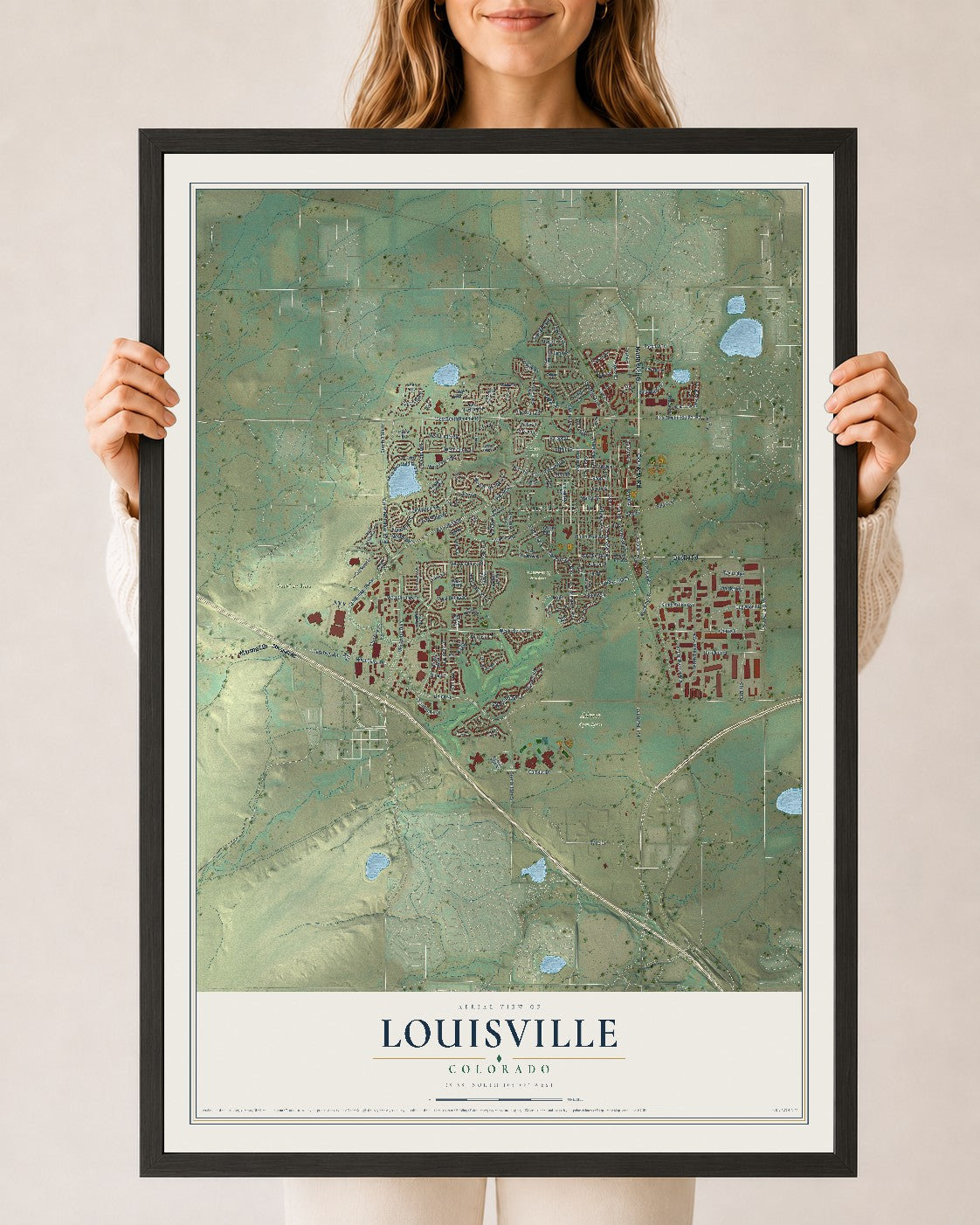 Map of Louisville, Colorado, 24 x 36 inch print in a black wood frame