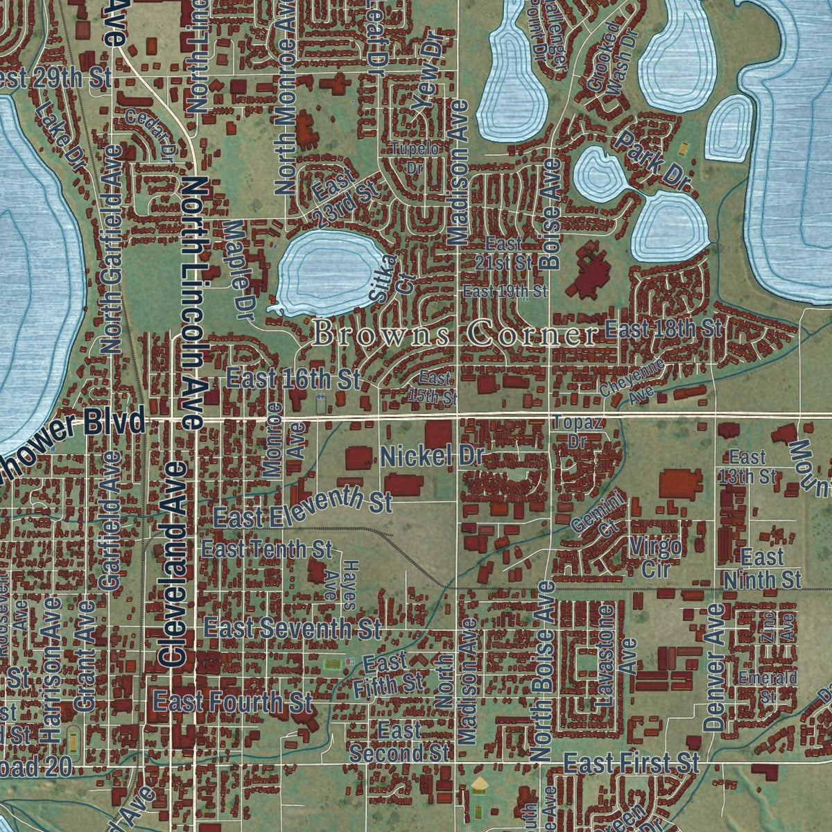 Close-up of the map of Loveland, Colorado print showing street and building detail