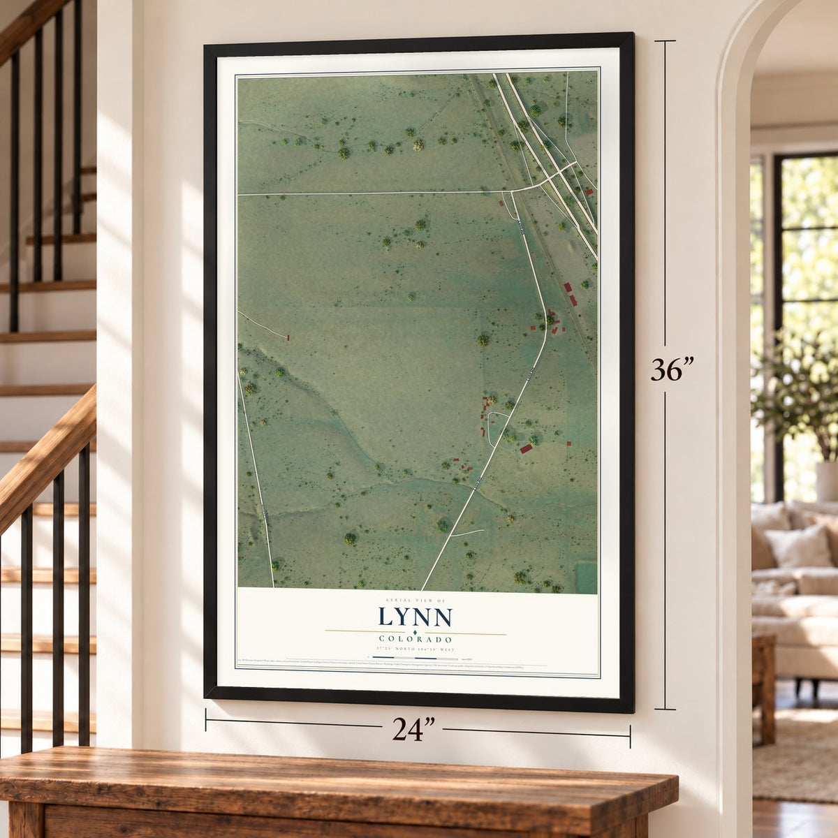 Lynn, Colorado map, 24 x 36 inch print in a black frame by a staircase