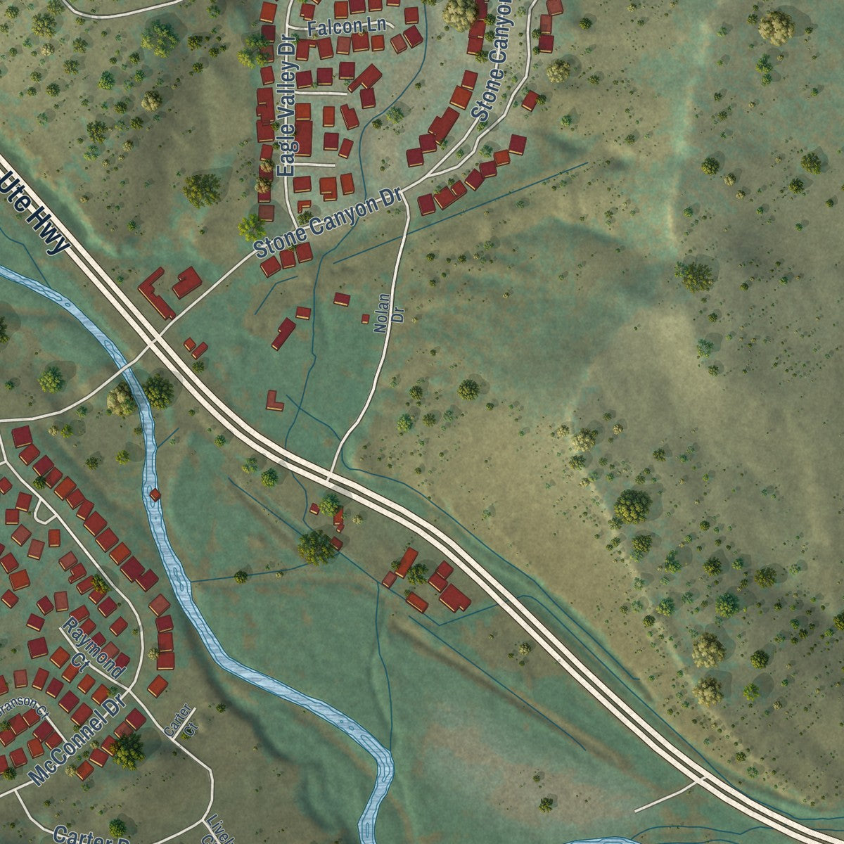 Second close-up of the map of Lyons, Colorado print showing more streets and buildings