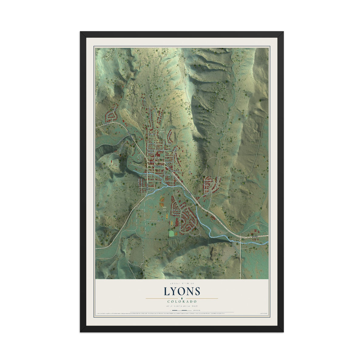 Map of Lyons, Colorado, 12 x 18 inch print in a black wood frame