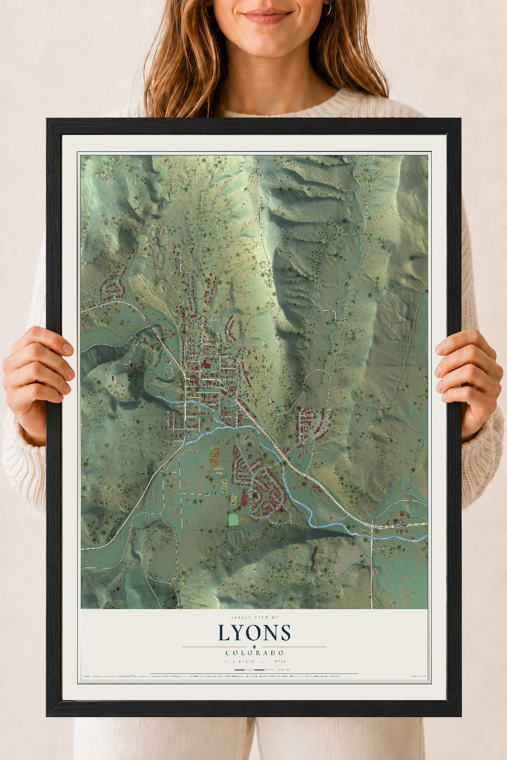 Map of Lyons, Colorado, 18 x 24 inch print in a black wood frame