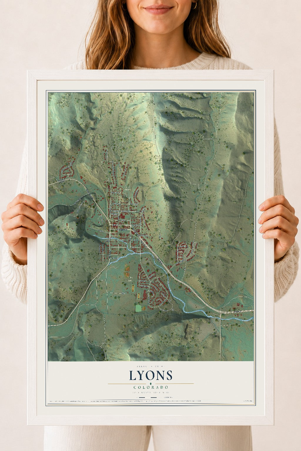 Map of Lyons, Colorado, 18 x 24 inch print in a white wood frame