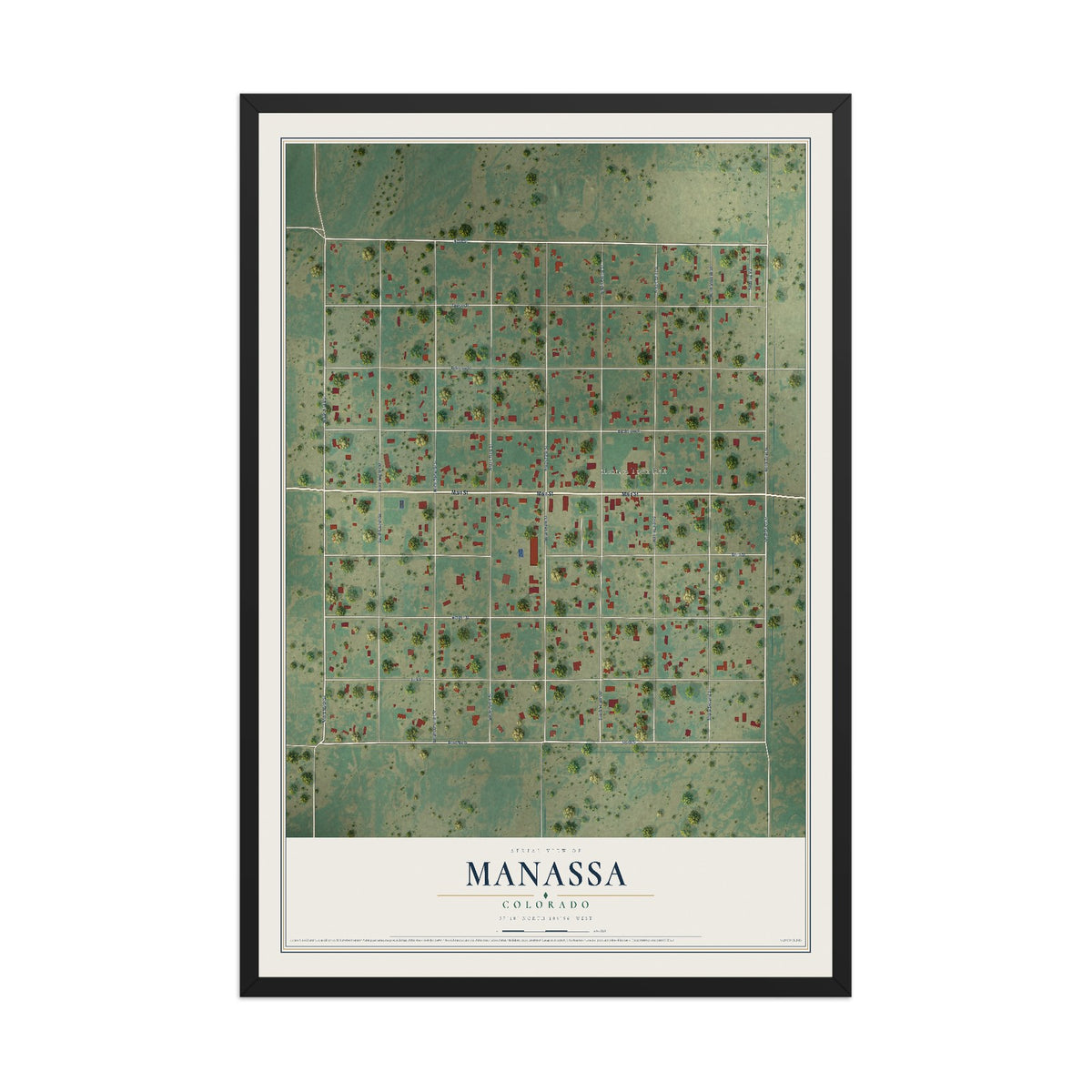 Map of Manassa, Colorado, 12 x 18 inch print in a black wood frame