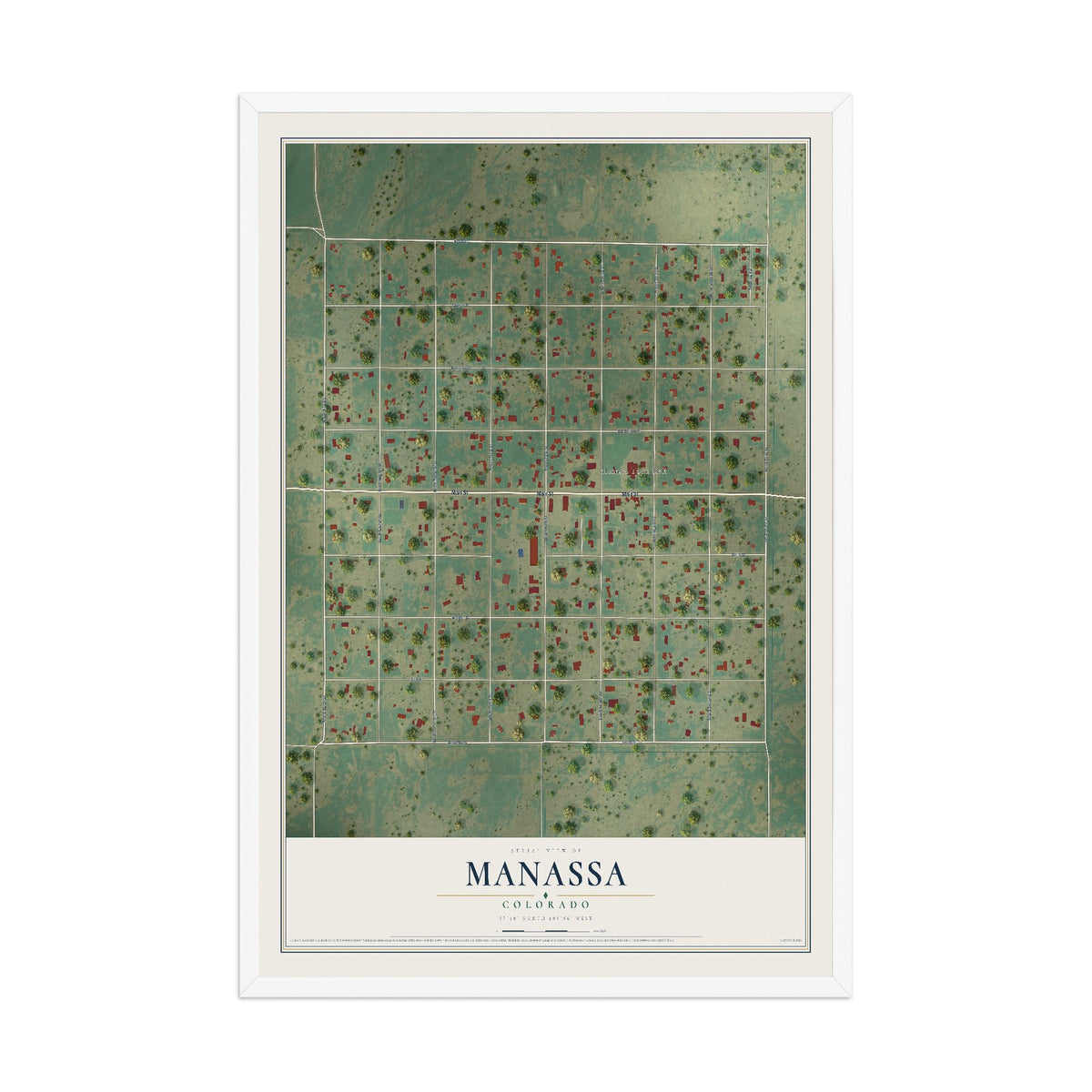 Map of Manassa, Colorado, 12 x 18 inch print in a white wood frame