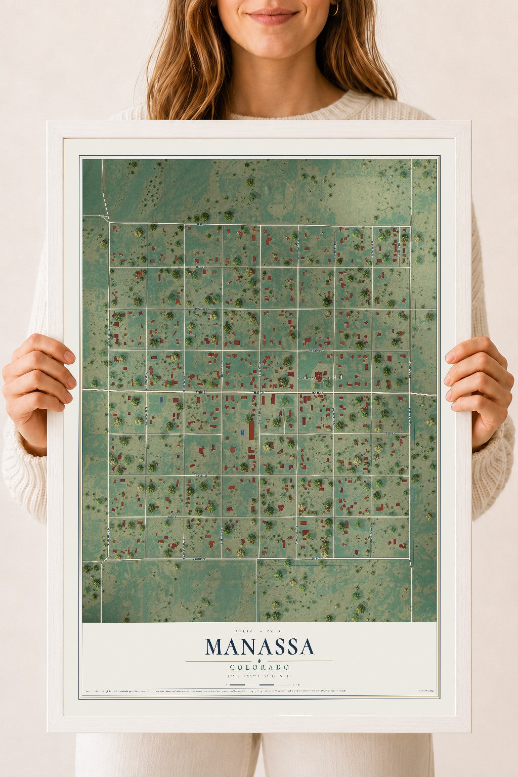 Map of Manassa, Colorado, 18 x 24 inch print in a white wood frame