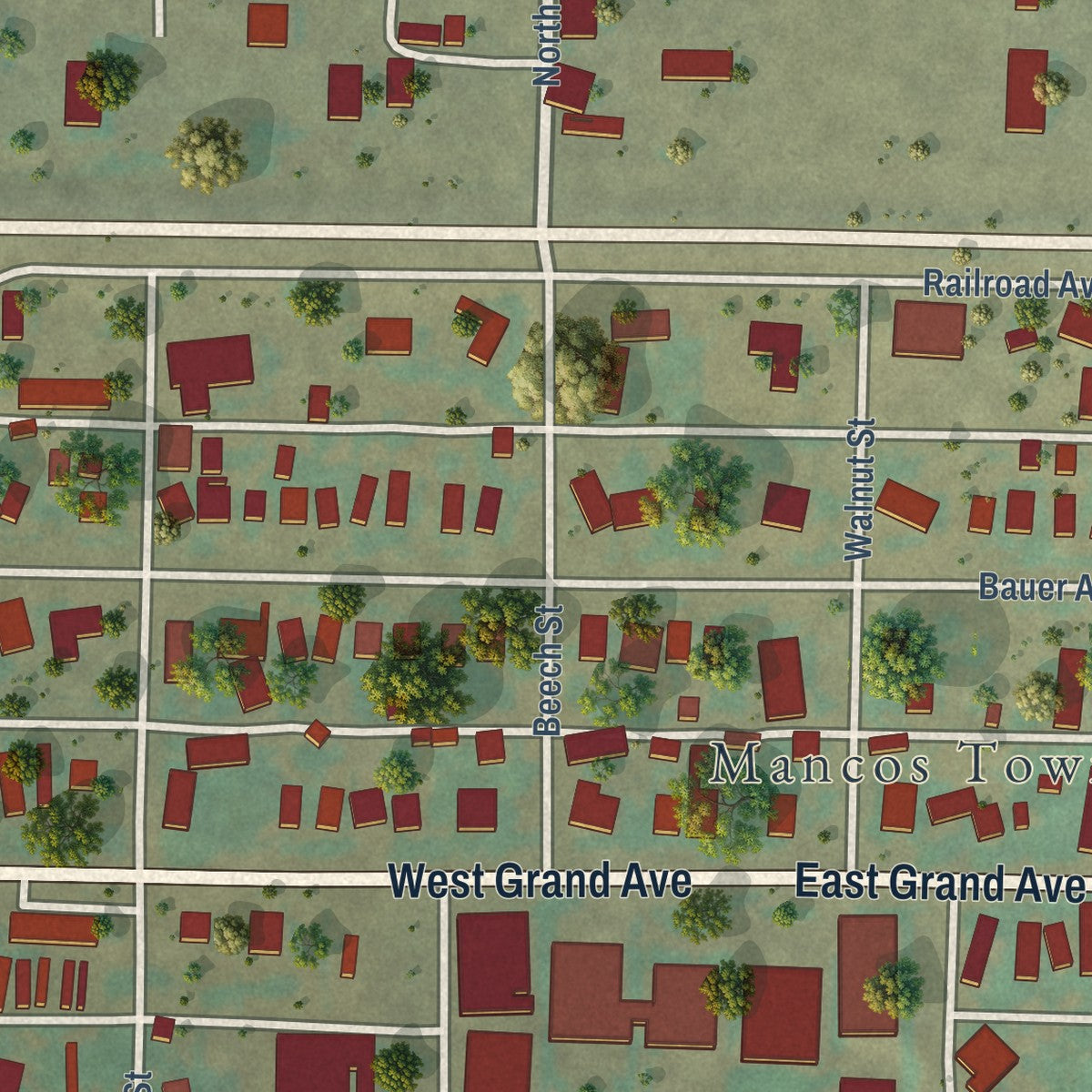 Close-up of the map of Mancos, Colorado print showing street and building detail