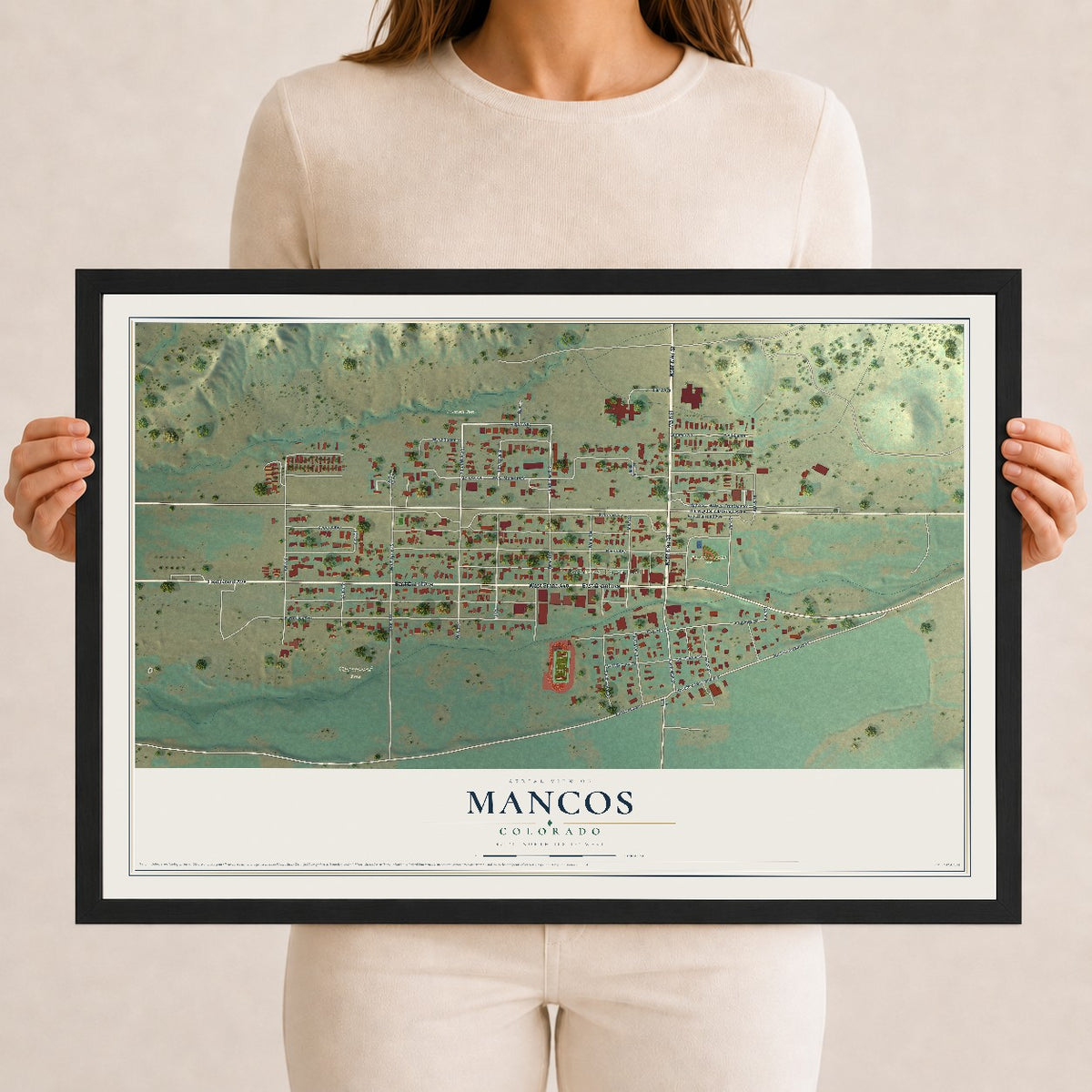 Map of Mancos, Colorado, 12 x 18 inch print in a black wood frame
