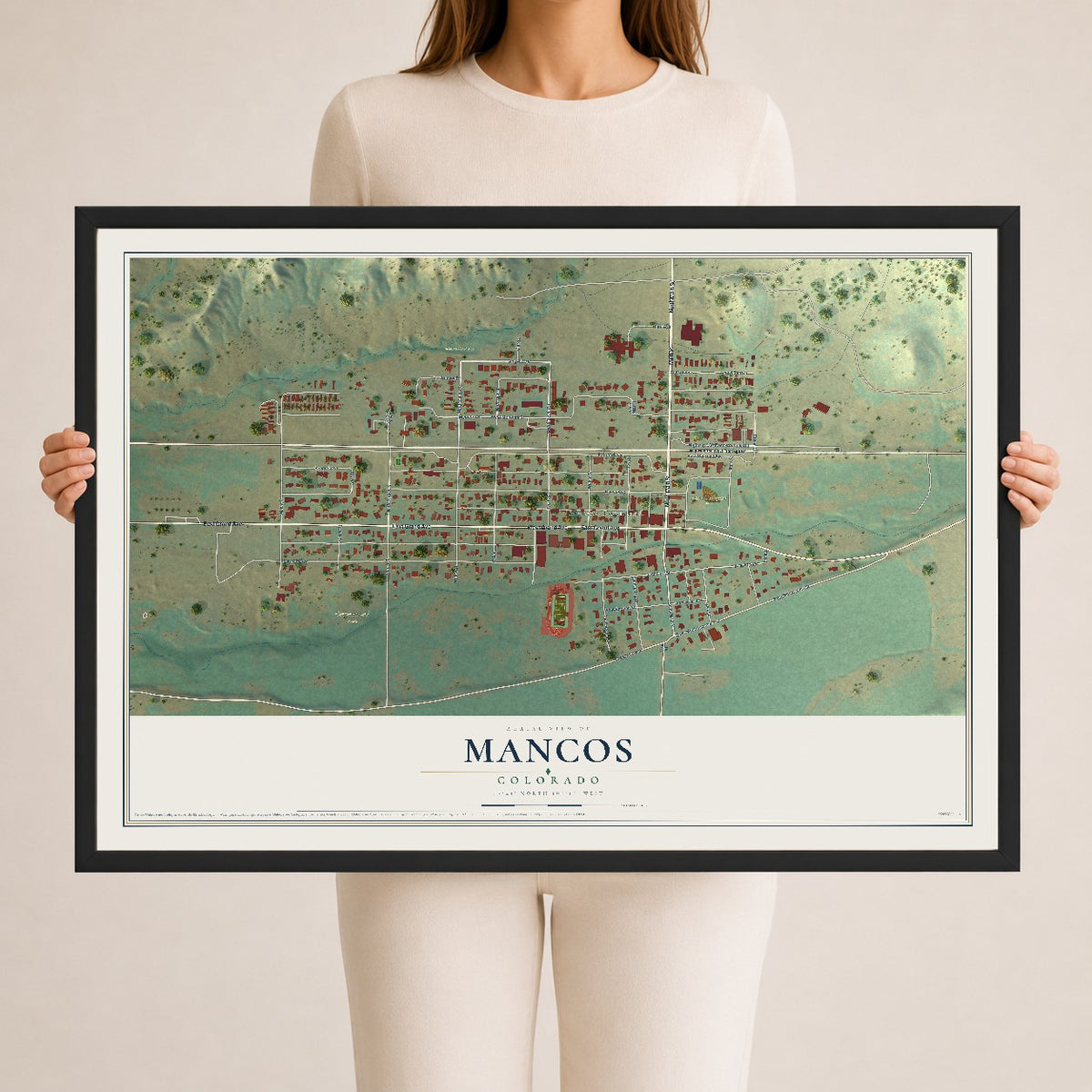 Map of Mancos, Colorado, 24 x 36 inch print in a black wood frame