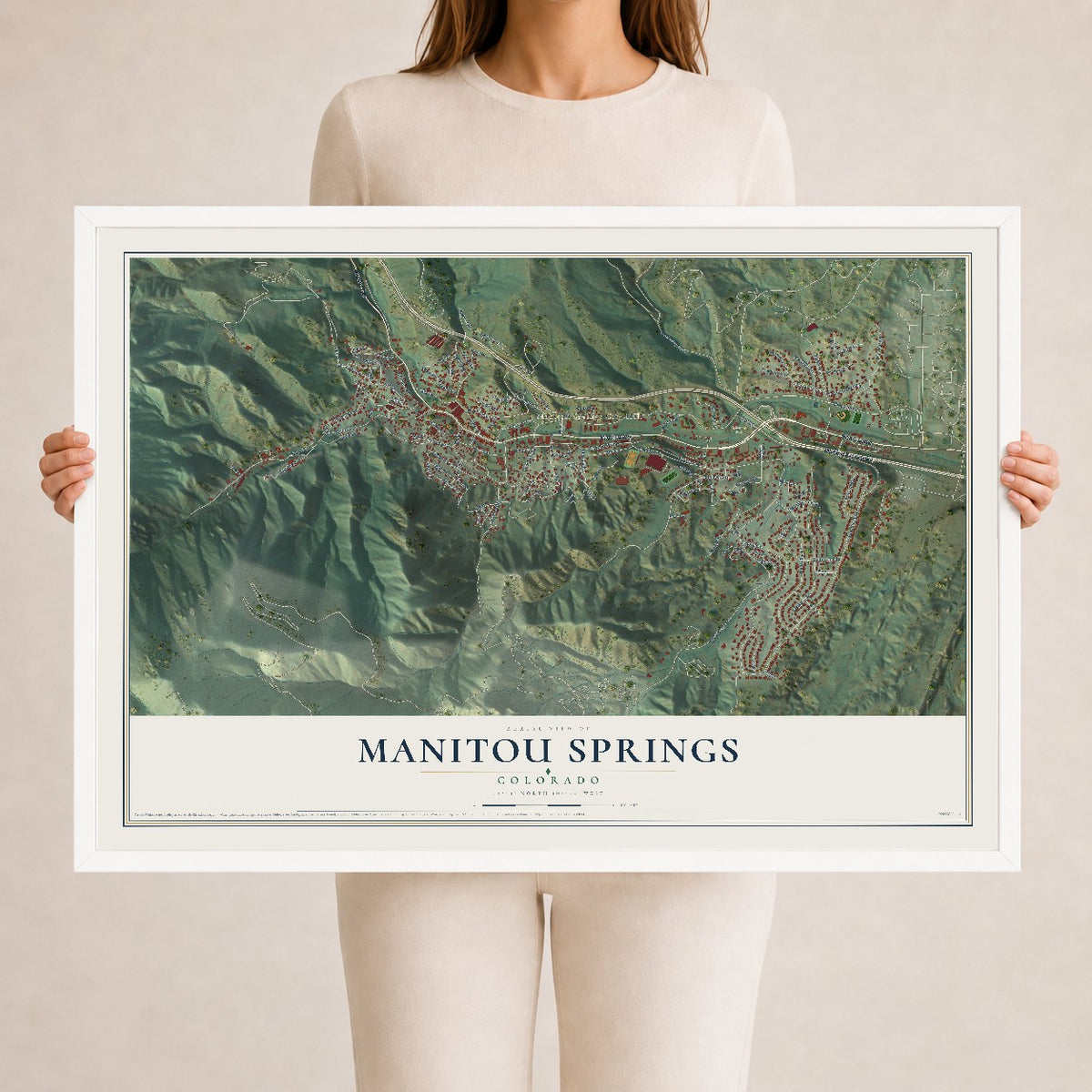 Map of Manitou Springs, Colorado, 24 x 36 inch print in a white wood frame