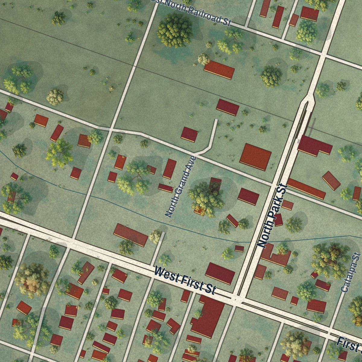 Close-up of the map of Manzanola, Colorado print showing street and building detail