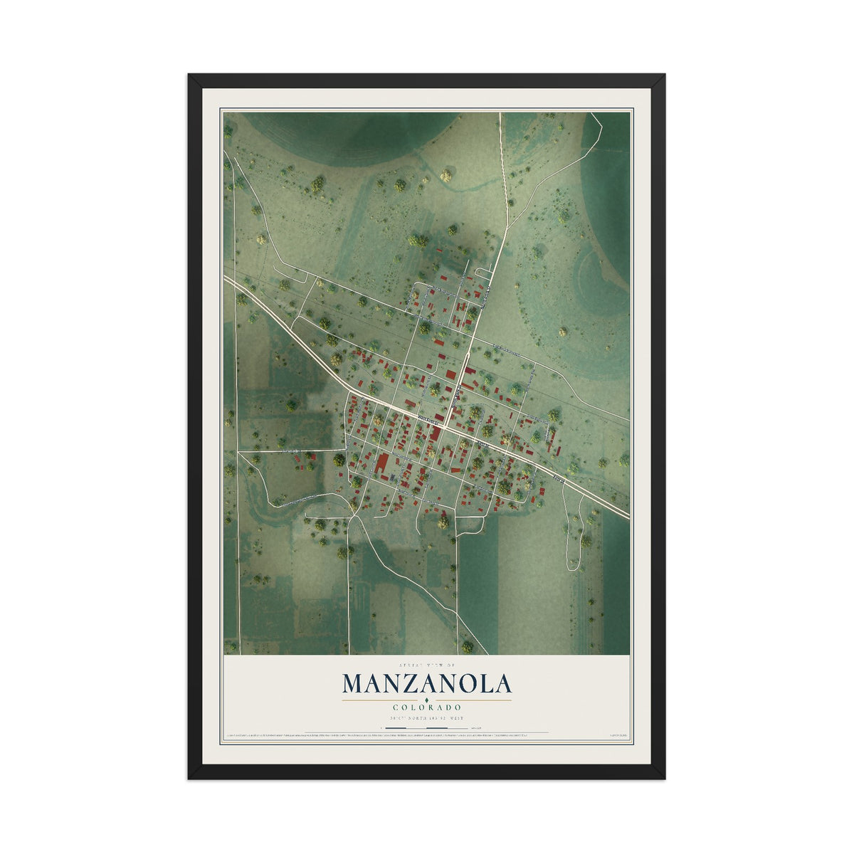 Map of Manzanola, Colorado, 12 x 18 inch print in a black wood frame