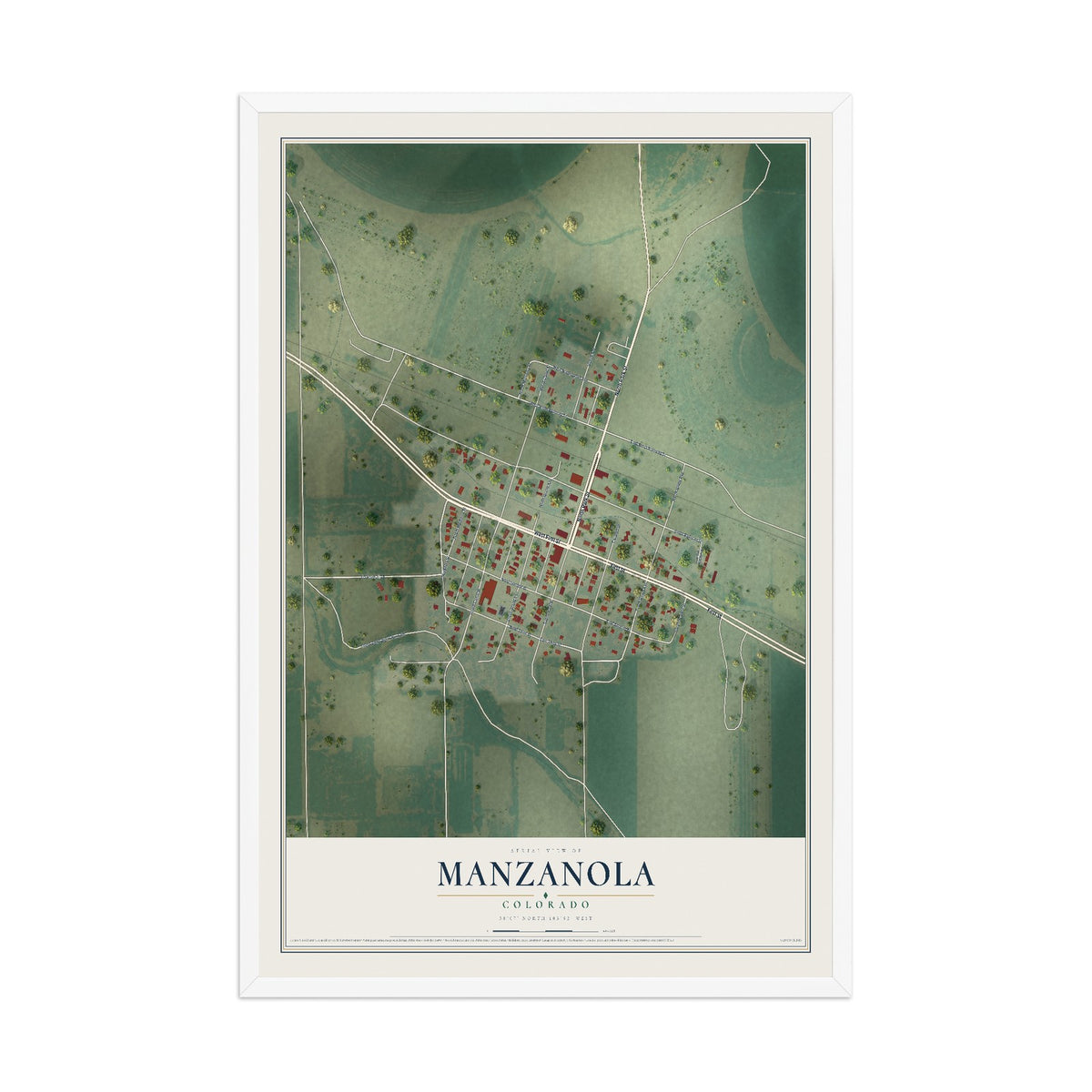Map of Manzanola, Colorado, 12 x 18 inch print in a white wood frame