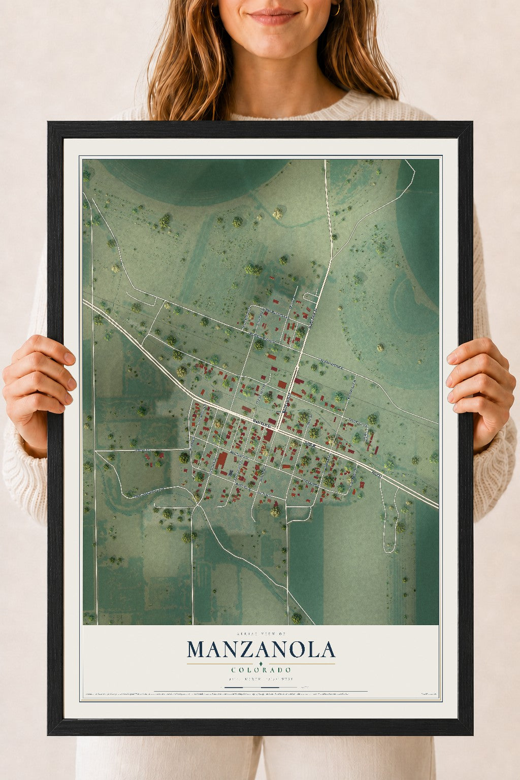 Map of Manzanola, Colorado, 18 x 24 inch print in a black wood frame