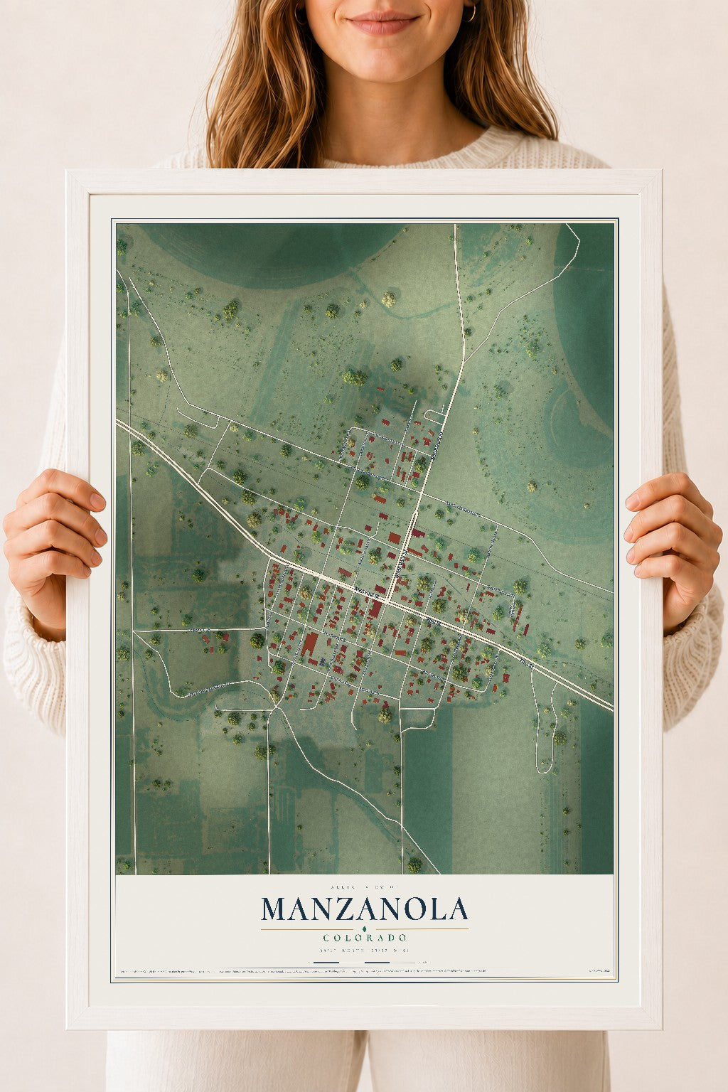 Map of Manzanola, Colorado, 18 x 24 inch print in a white wood frame