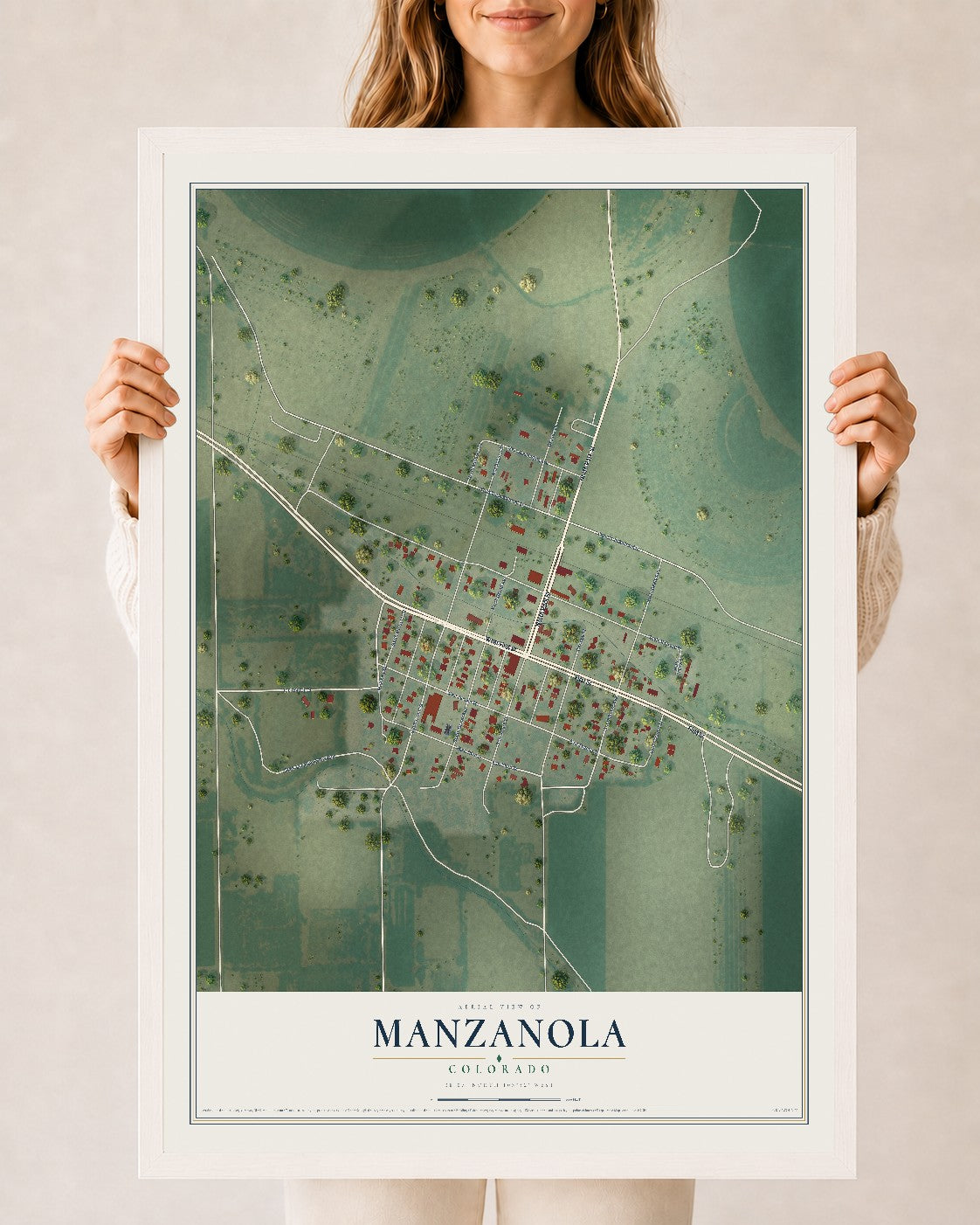 Map of Manzanola, Colorado, 24 x 36 inch print in a white wood frame