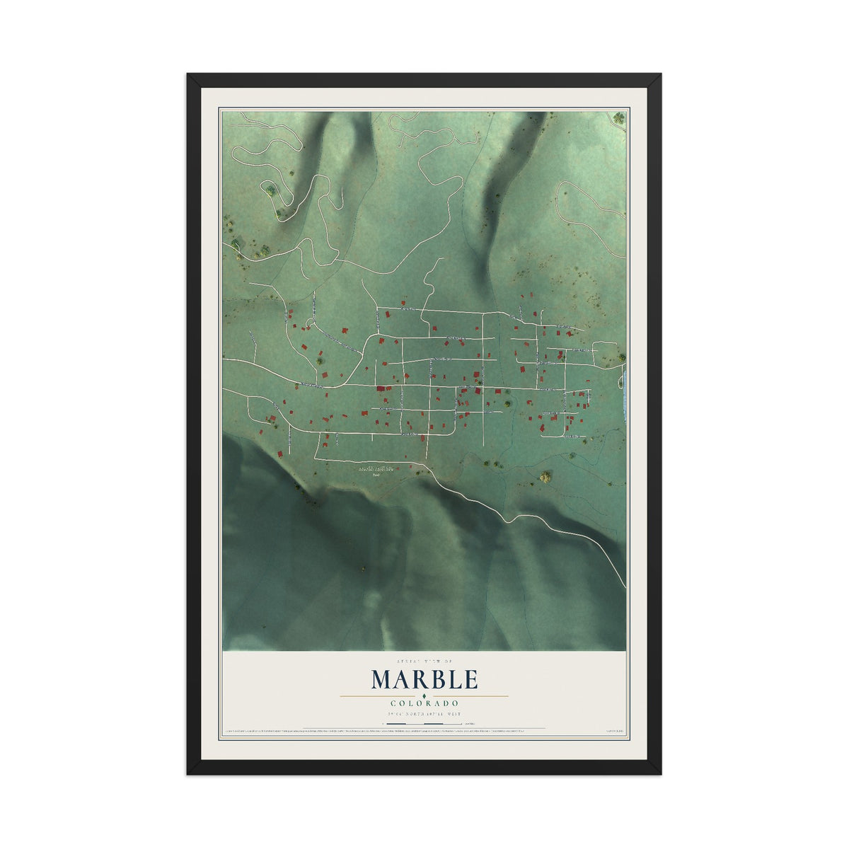Map of Marble, Colorado, 12 x 18 inch print in a black wood frame