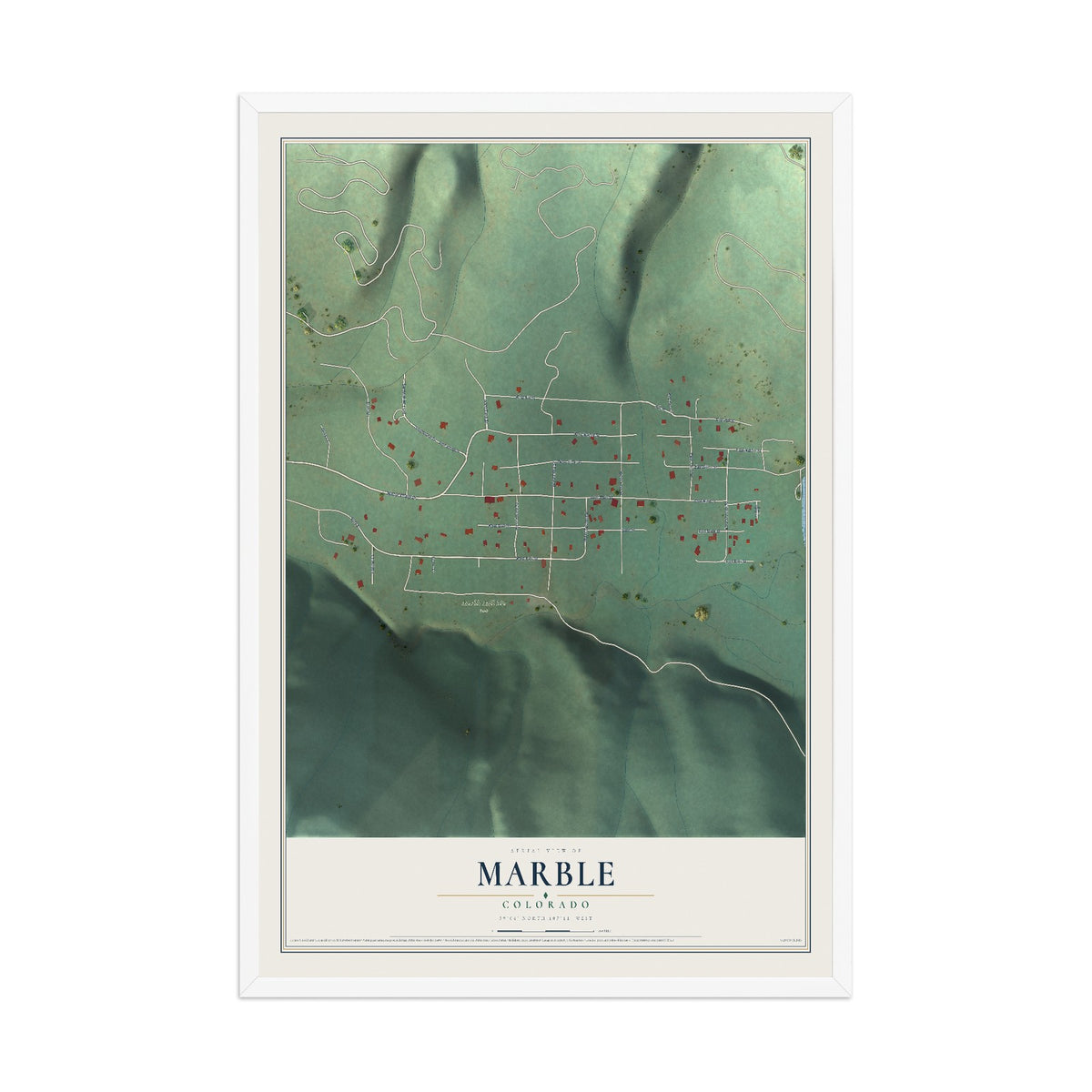 Map of Marble, Colorado, 12 x 18 inch print in a white wood frame