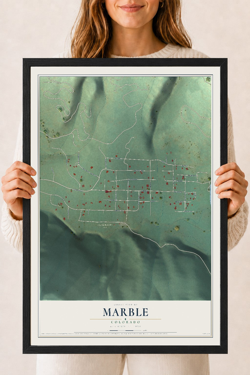 Map of Marble, Colorado, 18 x 24 inch print in a black wood frame