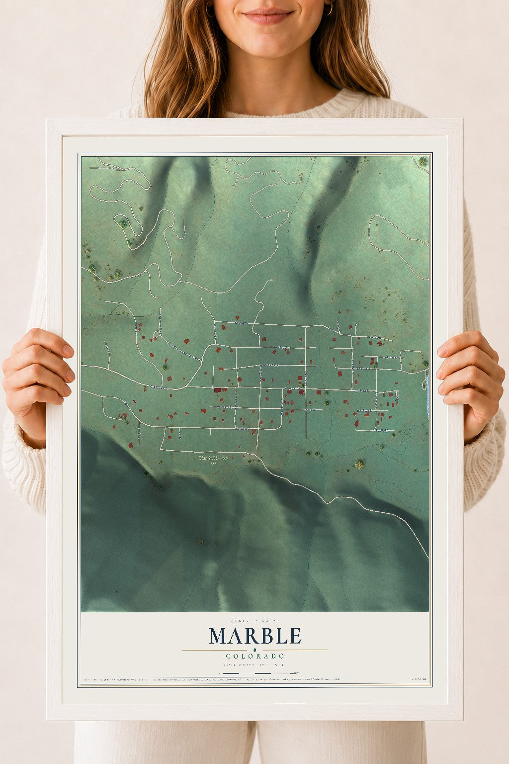 Map of Marble, Colorado, 18 x 24 inch print in a white wood frame