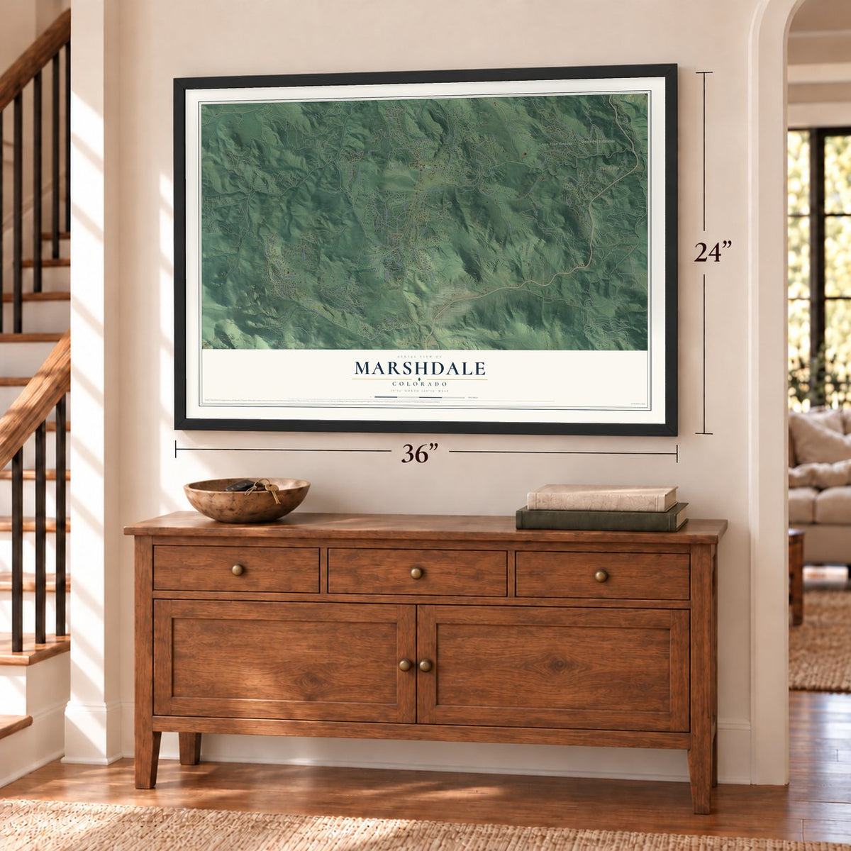 Marshdale, Colorado map, 24 x 36 inch print in a black frame above a dresser by a staircase