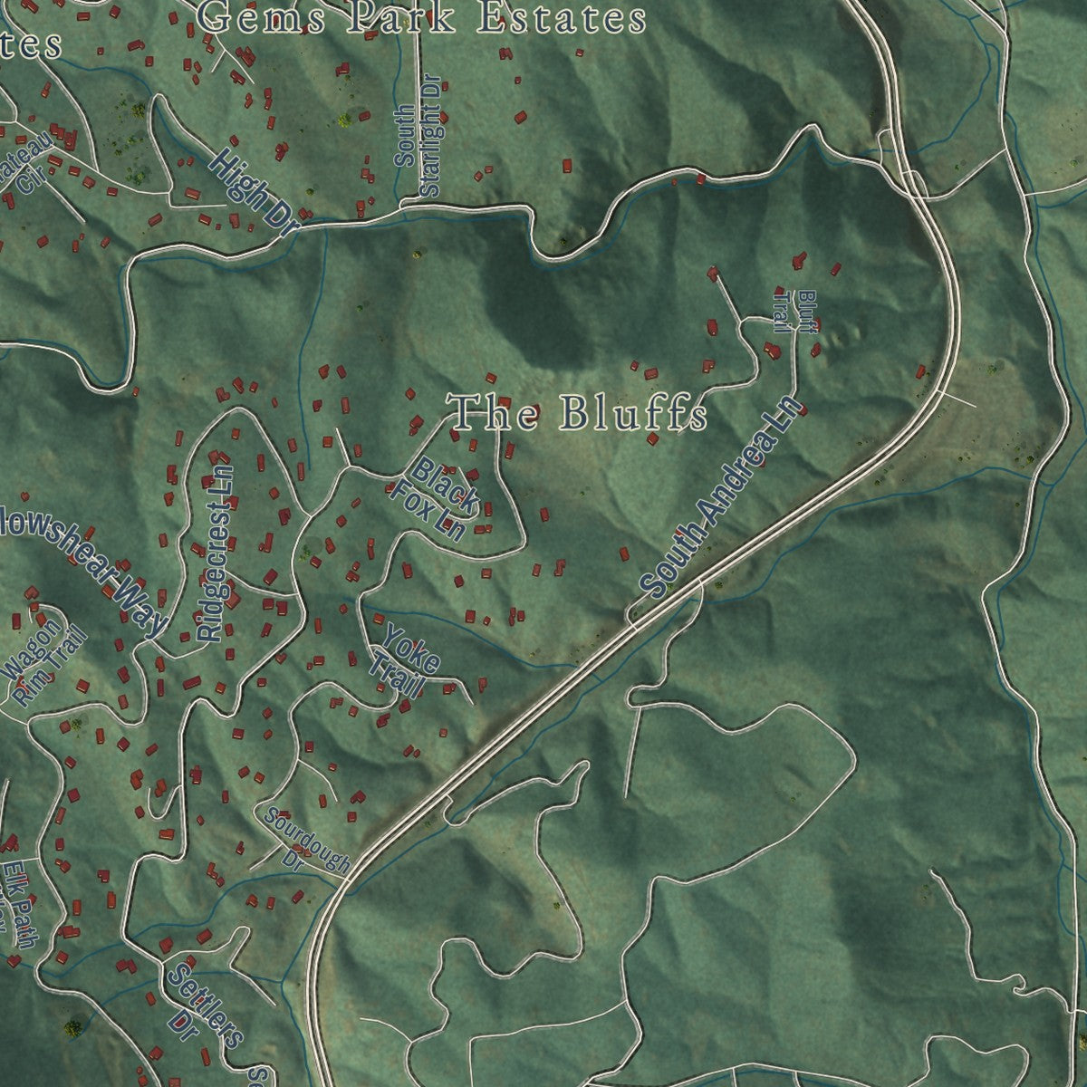 Close-up of the map of Marshdale, Colorado print showing street and building detail