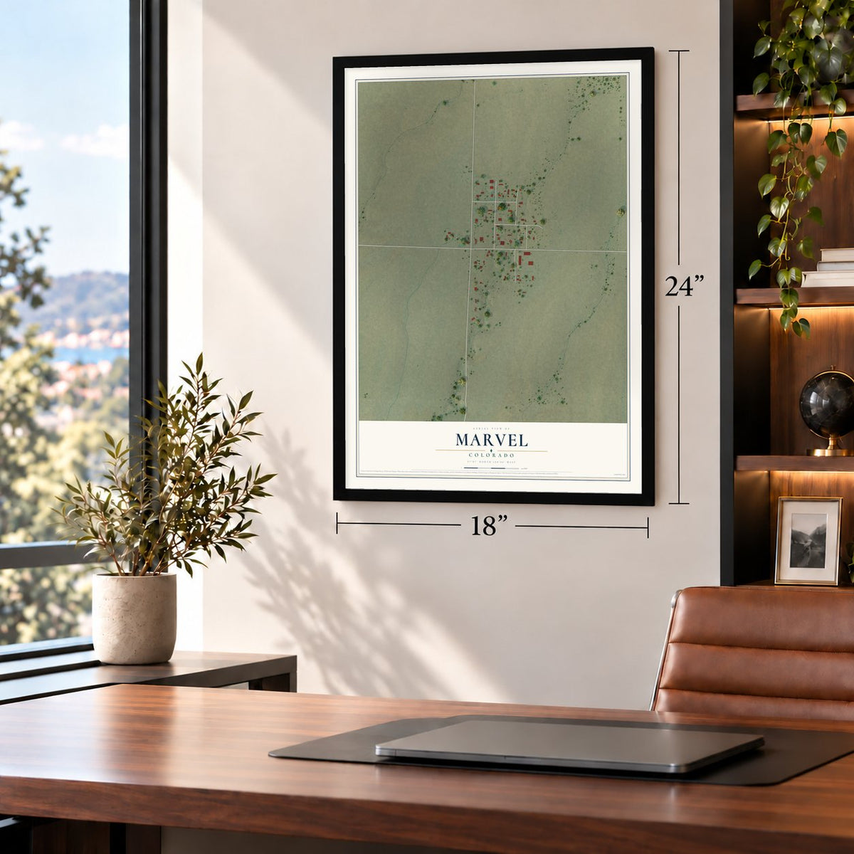 Marvel, Colorado map, 18 x 24 inch print in a black frame in a home office
