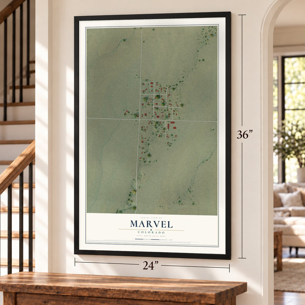 Marvel, Colorado map, 24 x 36 inch print in a black frame by a staircase