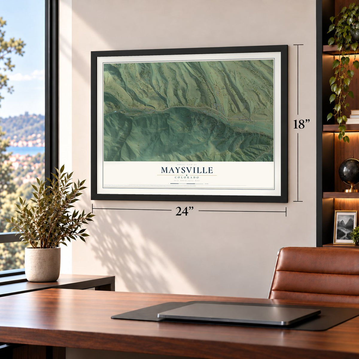 Maysville, Colorado map, 18 x 24 inch print in a black frame in a home office