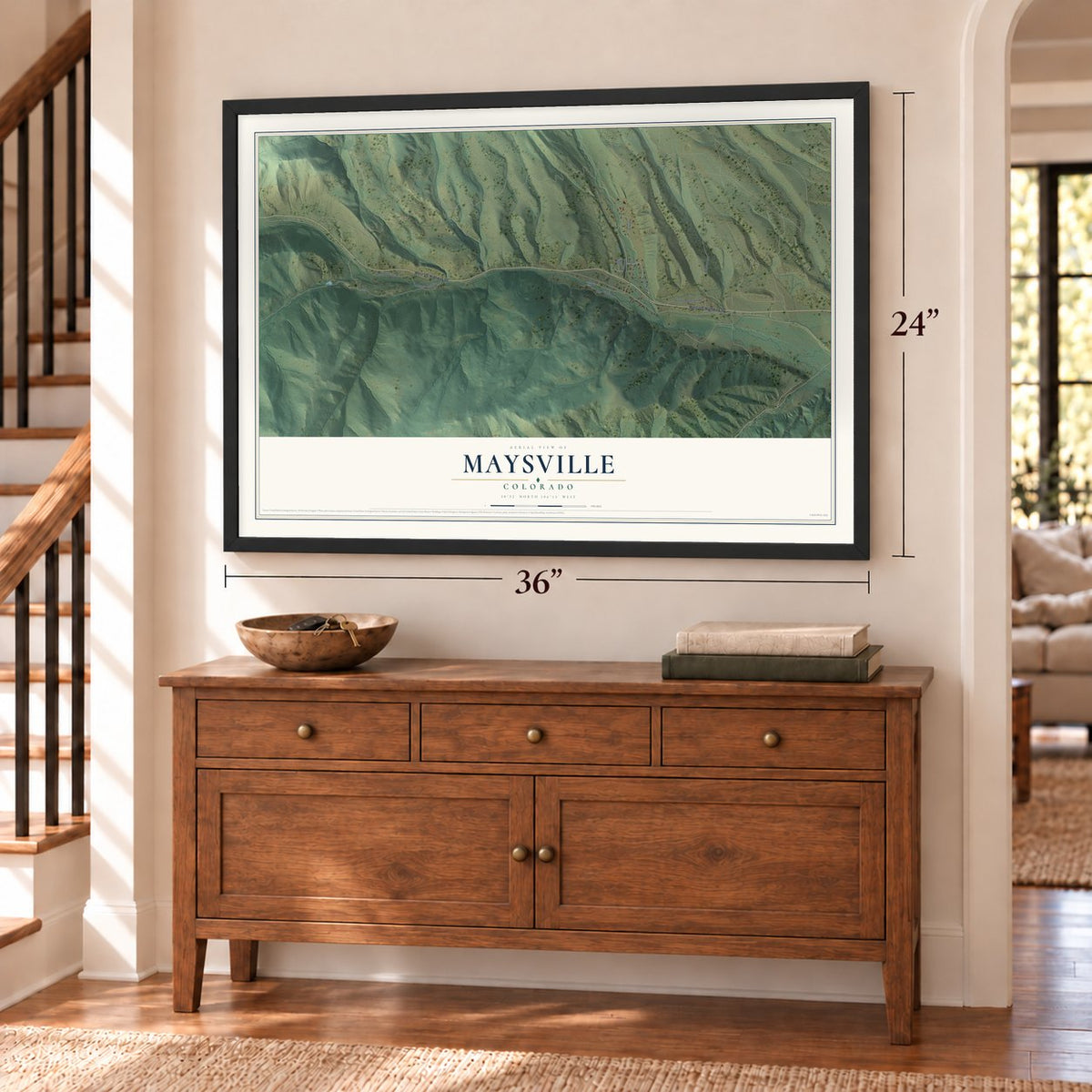 Maysville, Colorado map, 24 x 36 inch print in a black frame above a dresser by a staircase