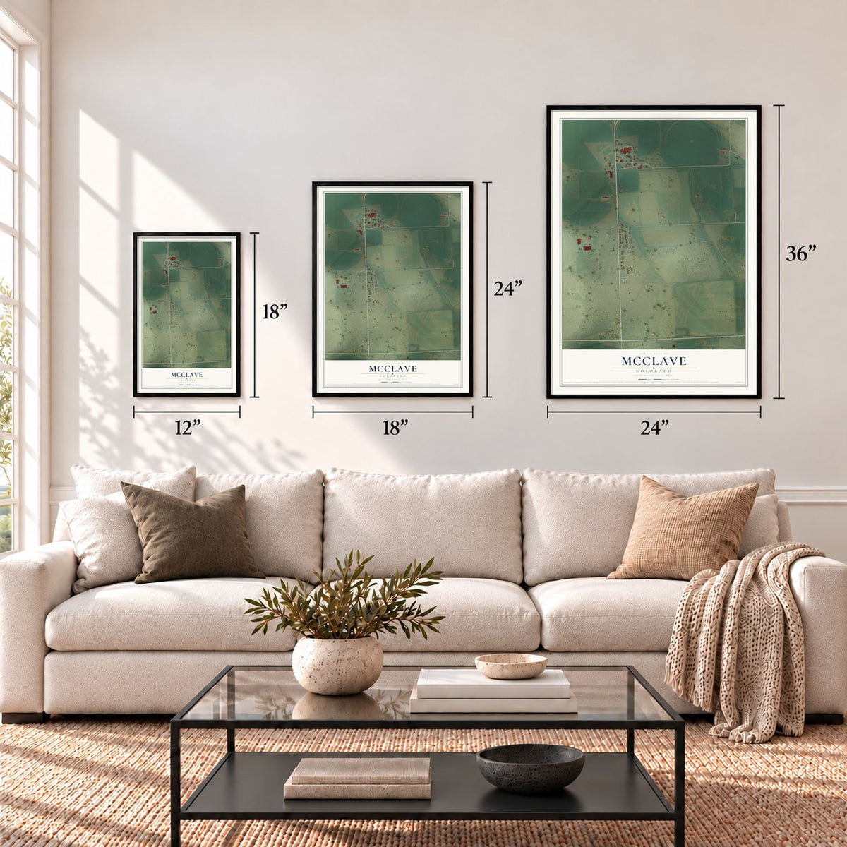 McClave, Colorado map in 12 x 18, 18 x 24 and 24 x 36 inch sizes above a sofa