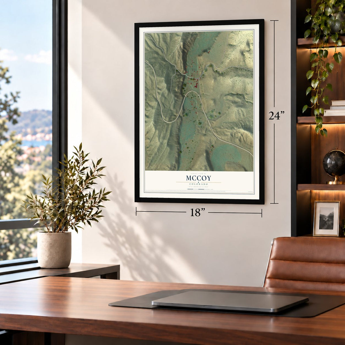 McCoy, Colorado map, 18 x 24 inch print in a black frame in a home office