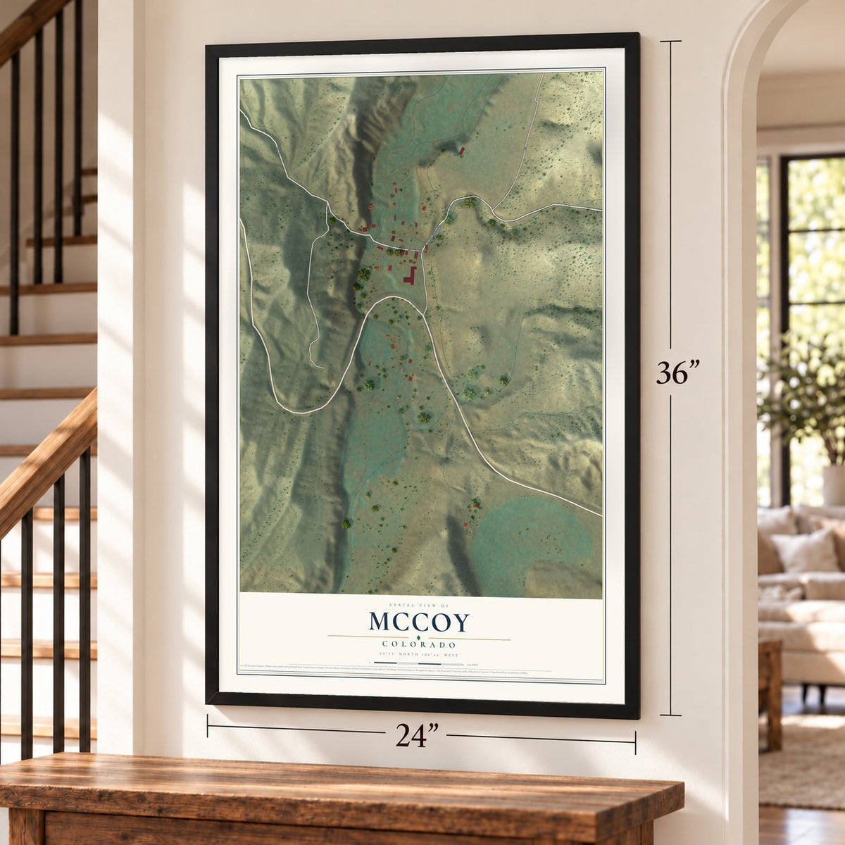 McCoy, Colorado map, 24 x 36 inch print in a black frame by a staircase