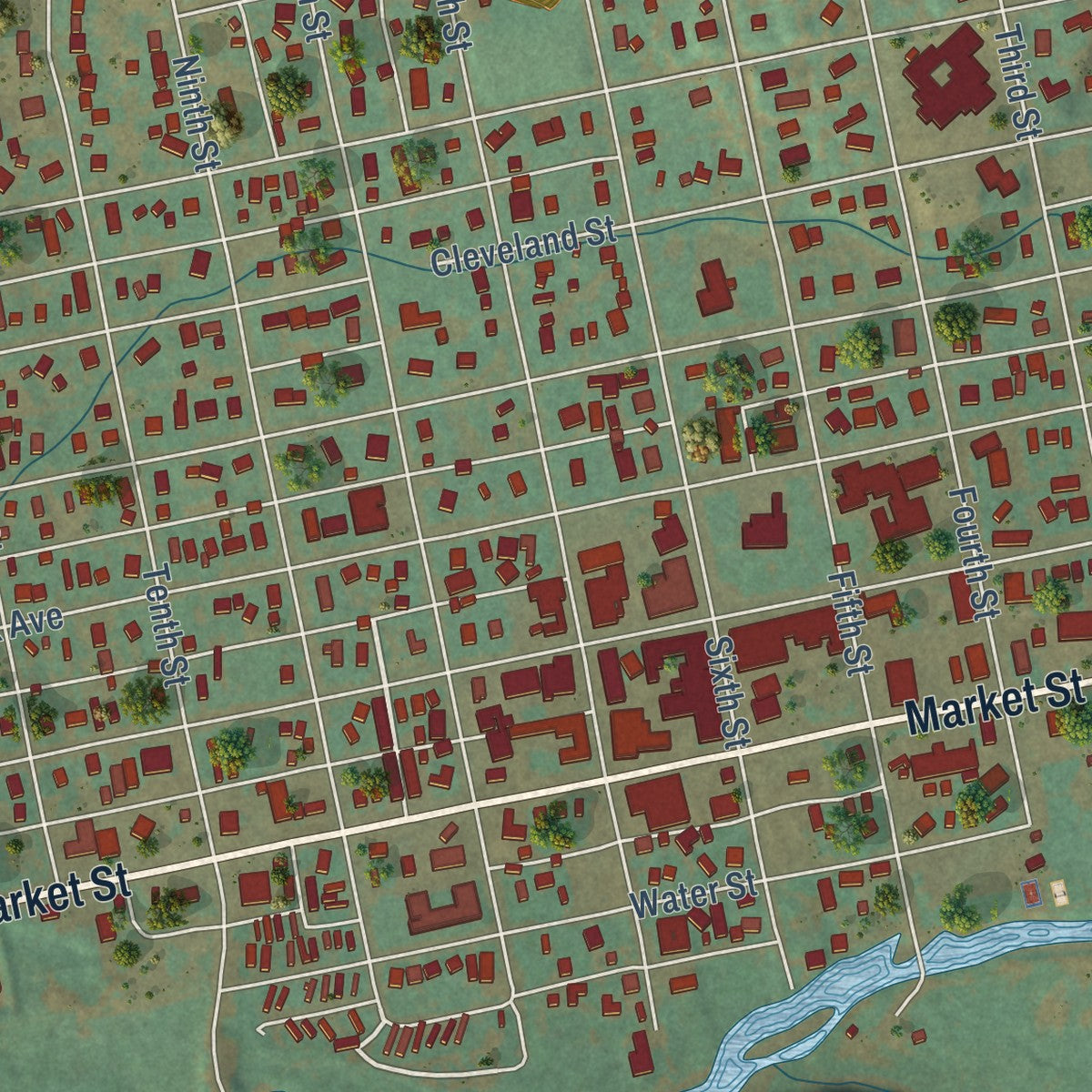 Close-up of the map of Meeker, Colorado print showing street and building detail