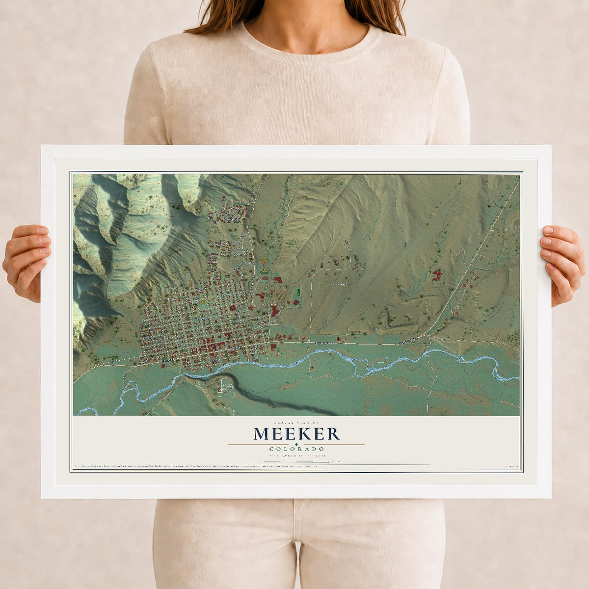 Map of Meeker, Colorado, 12 x 18 inch print in a white wood frame