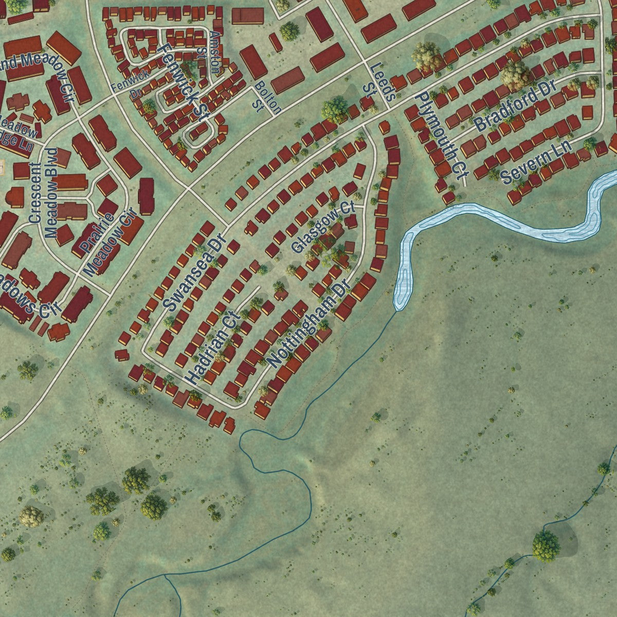 Close-up of the map of Meridian, Colorado print showing street and building detail