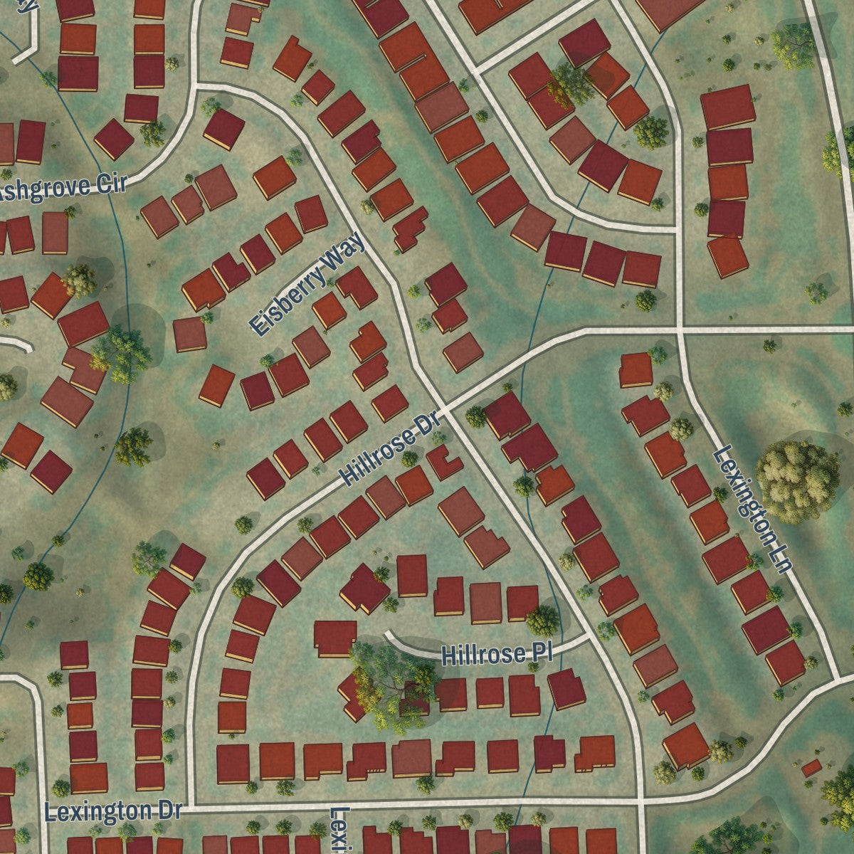 Close-up of the map of Meridian Village, Colorado print showing street and building detail