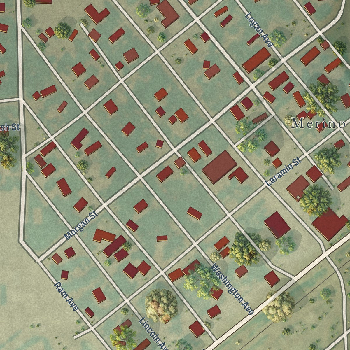 Close-up of the map of Merino, Colorado print showing street and building detail