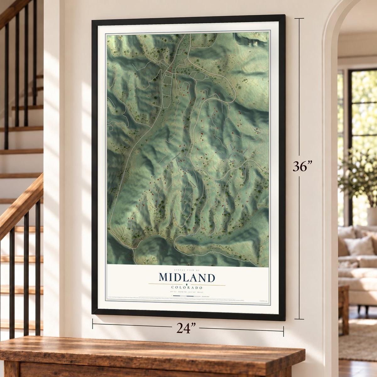 Midland, Colorado map, 24 x 36 inch print in a black frame by a staircase