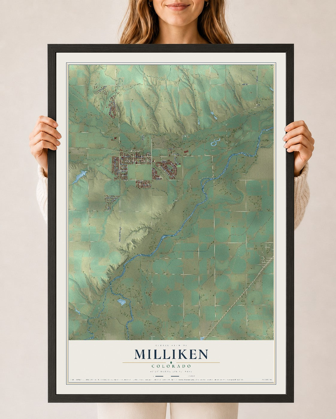 Map of Milliken, Colorado, 24 x 36 inch print in a black wood frame