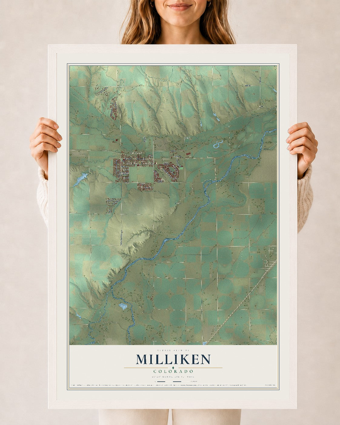 Map of Milliken, Colorado, 24 x 36 inch print in a white wood frame
