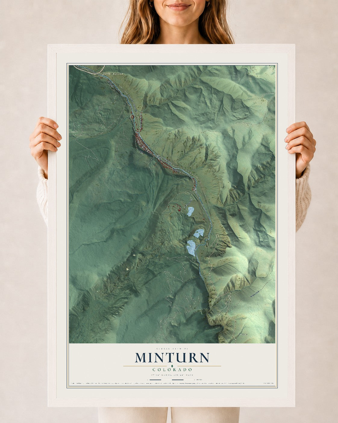 Map of Minturn, Colorado, 24 x 36 inch print in a white wood frame